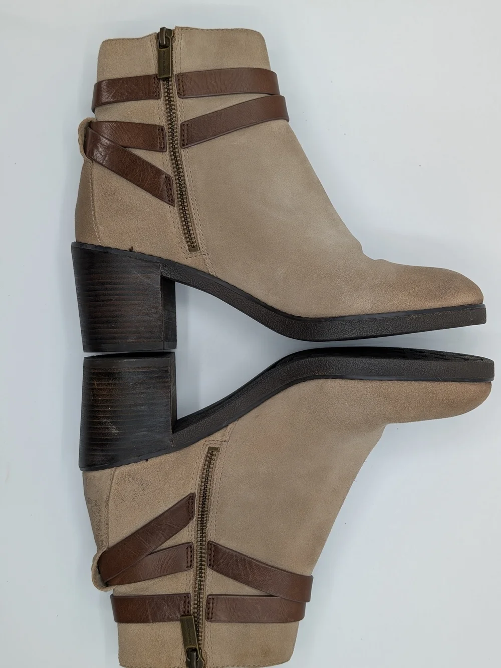 Michael Kors Women 8 Taupe Suede Ankle Boots Brown Leather Straps Block Heel